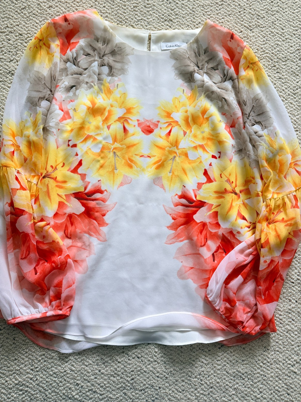 Calvin Klein Floral Chiffon Blouse White Orange Yellow Balloon Sleeve Womens M